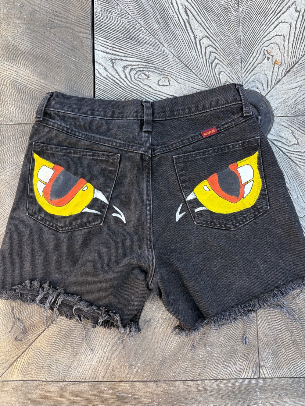 Rustler Black Denim Shorts with Yellow & Red Eye Pockets
